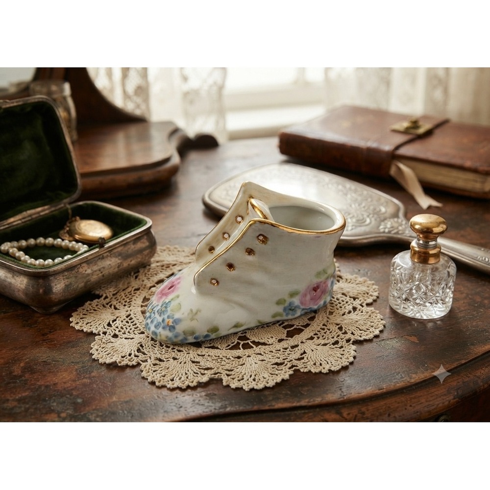 Vintage Hand Painted Porcelain Baby Shoe Figurine Floral Gold Gilt Signed 1972
